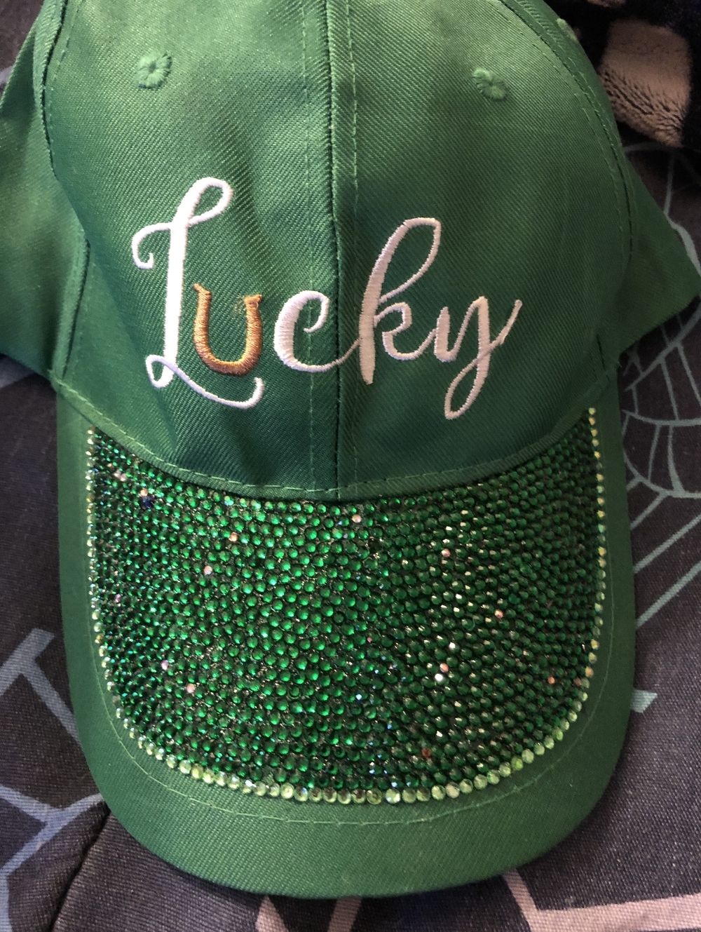 Green "Lucky" Glass Crystal Embellished Visor Baseball Cap